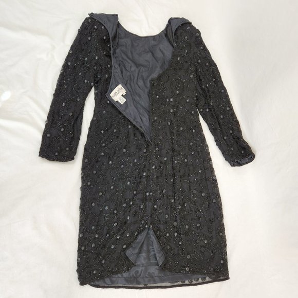 Vintage JOAN LESLIE Hollywood-Fairy-Tale Beaded Black Silk Sheath Dress Size 10. - Picture 11 of 16